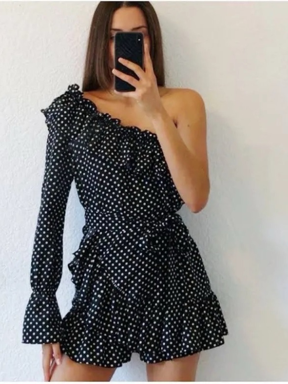 Nasty Gal Black & White Polka Dot One-Shoulder Romper Dress